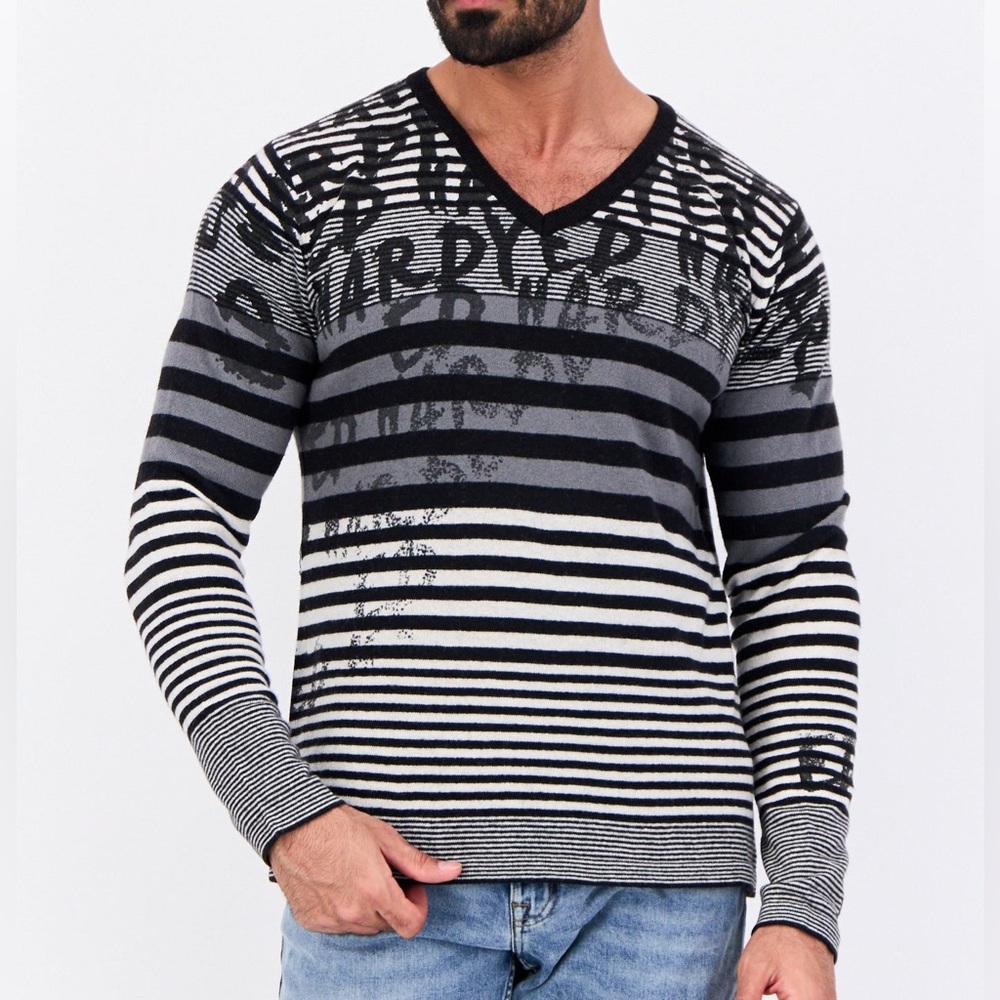 Ed Hardy by Christian Audigier Wool Blend Striped V-neck Sweater Size Medium